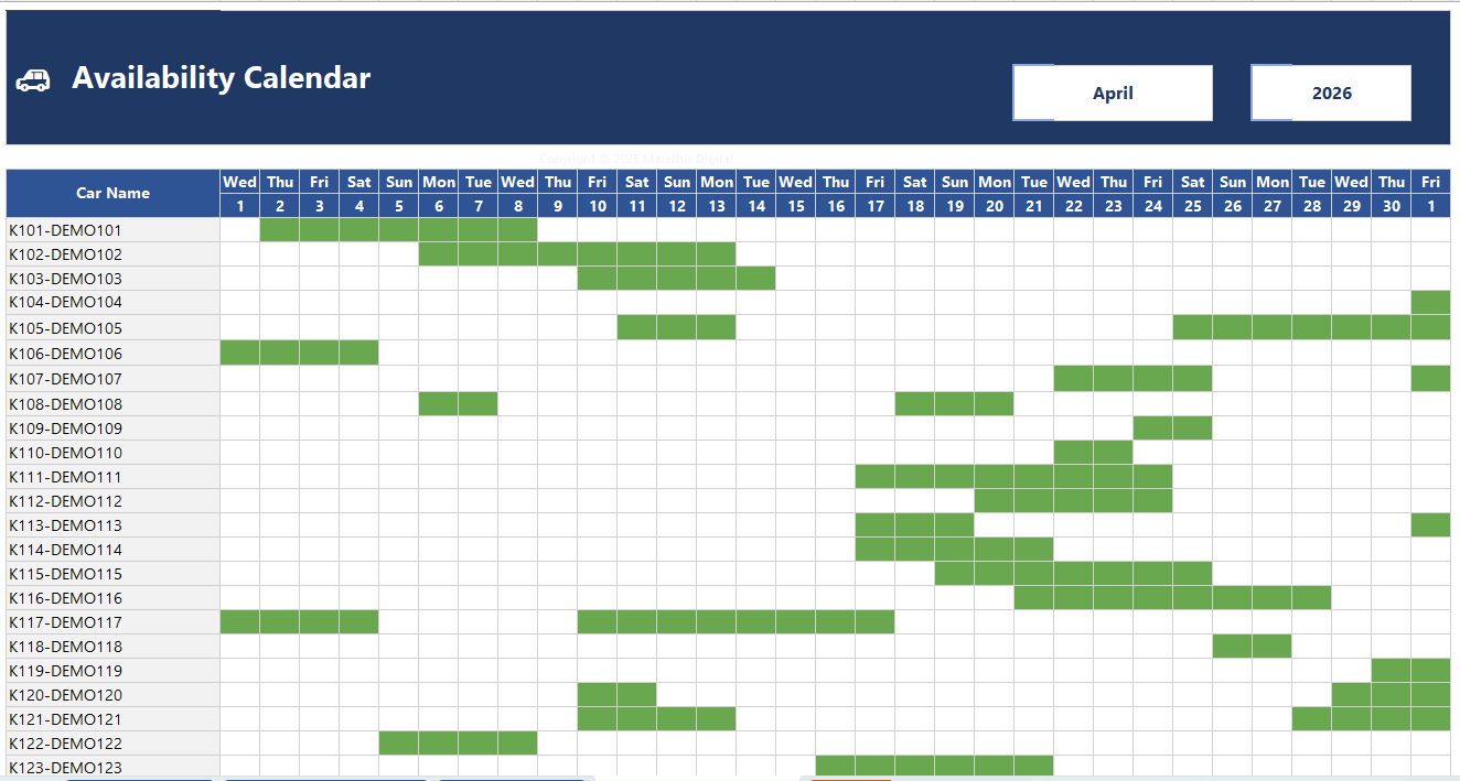 Availability Calendar for April 2026, each car as a row and each day as a column, booked days shaded green