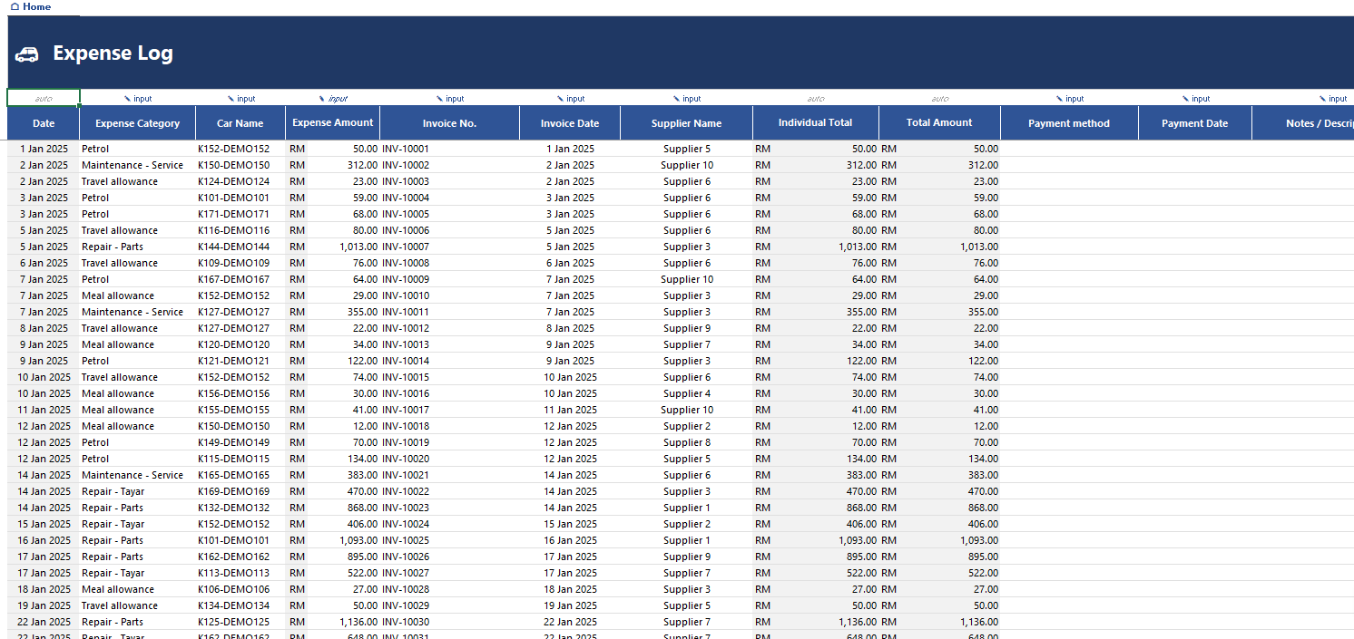 Expense Log tab with date, expense category, car name, amount, invoice number and date, supplier, totals, payment method, payment date and notes